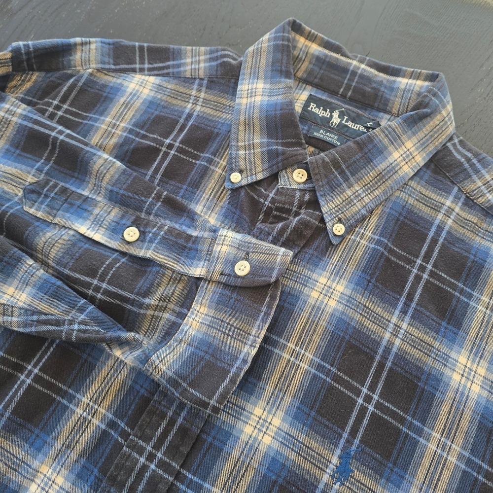 Ralph Lauren Blaire Mens XL Blue Plaid Flannel Button Down Shirt Long Sleeve